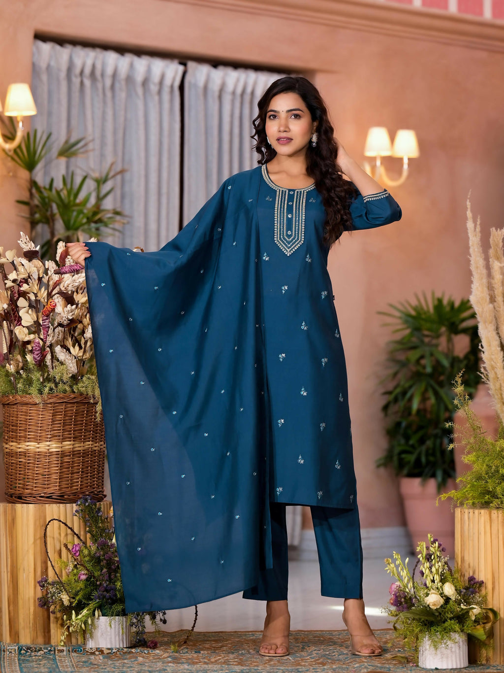 Juniper Women's Teal Thread Work Embroidered Viscose Kurta Pant And Dupatta Set With Buttons Work | Grocsy