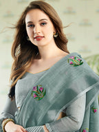 Shree Shyam Fashion Linen Sea Green Saree | Grocsy