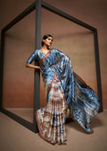 Blue Satin Digital Printed Saree with Unstitched Blouse Piece - Jodha | Grocsy