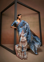 Blue Satin Digital Printed Saree with Unstitched Blouse Piece - Jodha | Grocsy