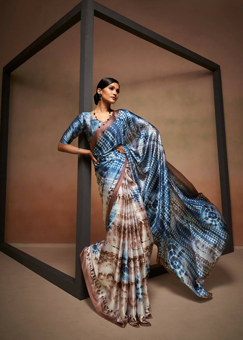 Blue Satin Digital Printed Saree with Unstitched Blouse Piece - Jodha | Grocsy