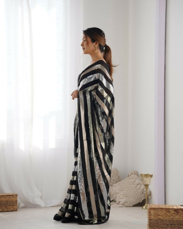 Black Georgette Sequance Embroidery Work Border Saree - Sitare | Grocsy
