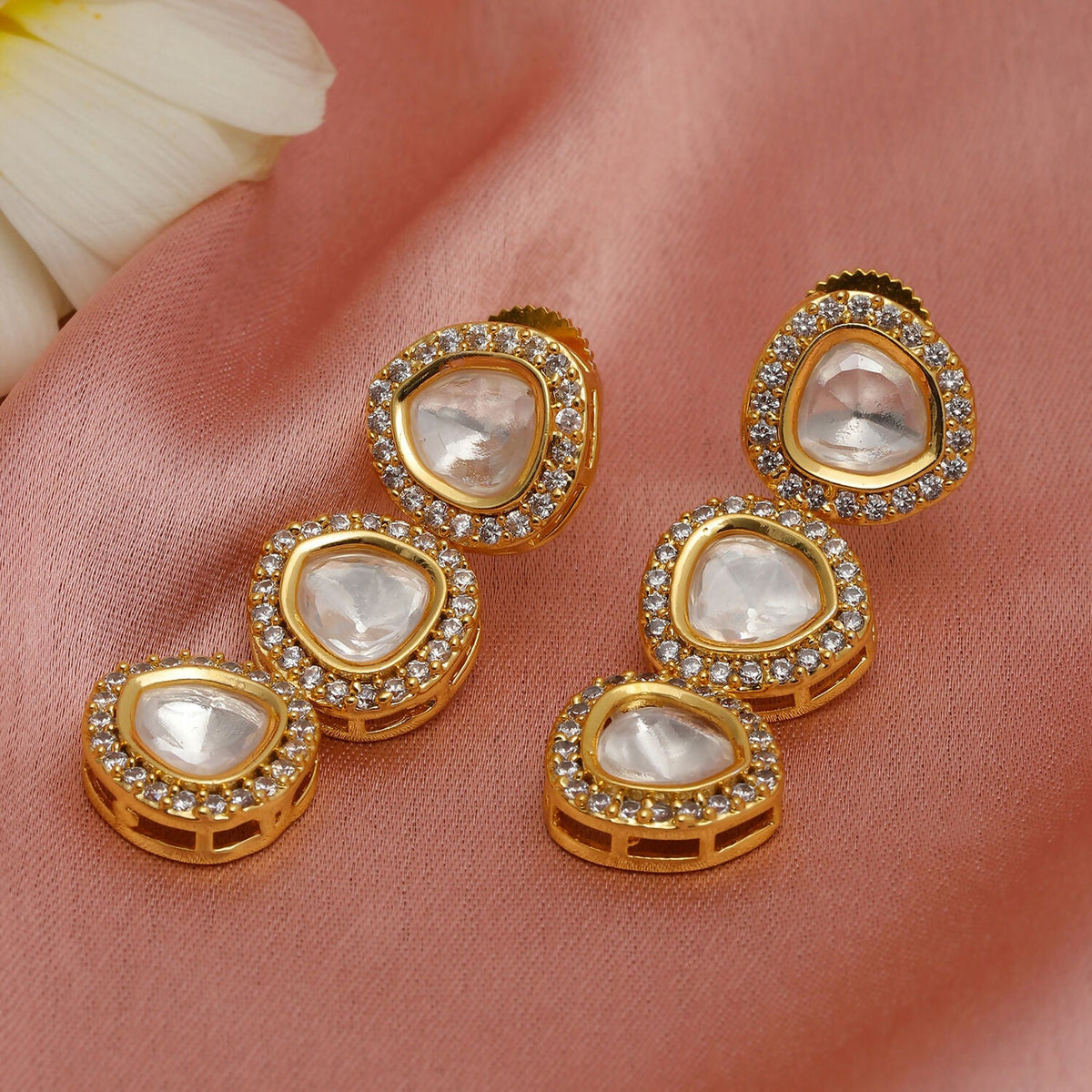 Uncut 3 Tier Kundan Dangler Earrings (Gold) - Ruby Raang | Grocsy