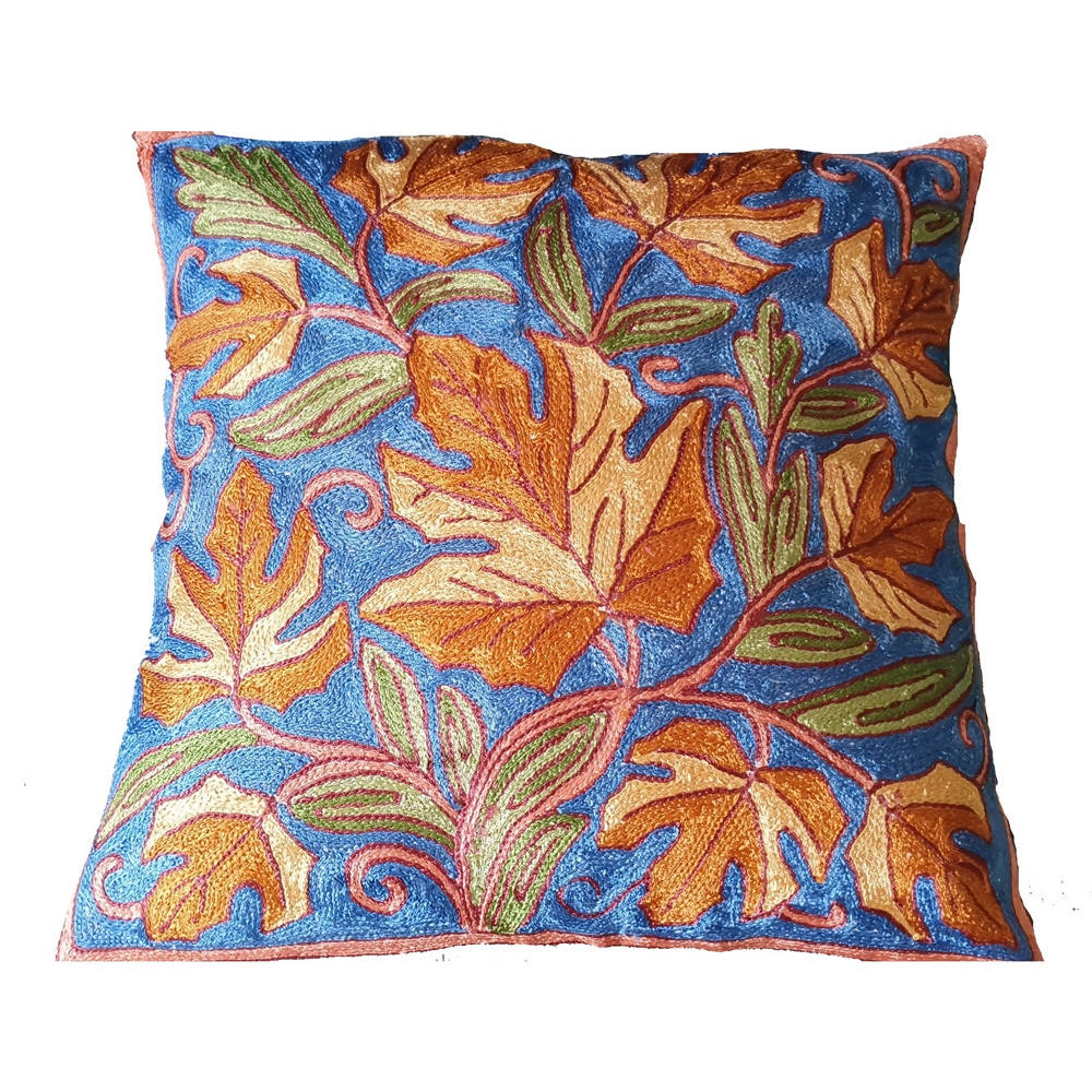 The Decor Nook Hand Embroidered Crewel Cushion Covers in Mustard & Off White Chinar Leaf Motif with Navy Blue Base | Grocsy