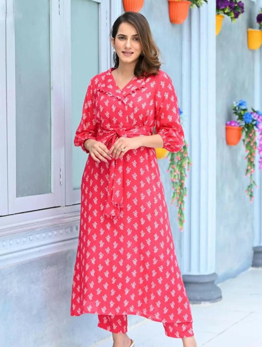 Aayaa Pure Muslin printed Kurti & Pant - Red pink | Grocsy