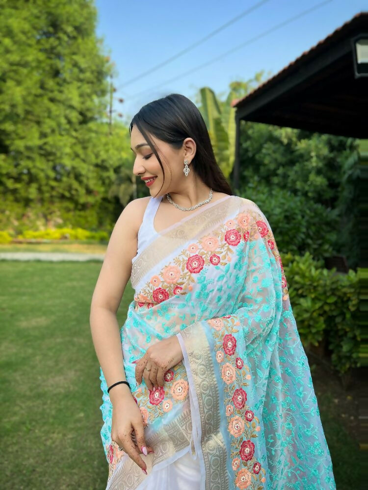 Vamsee Radhika Jaal Sky Organza Silk Saree | Grocsy