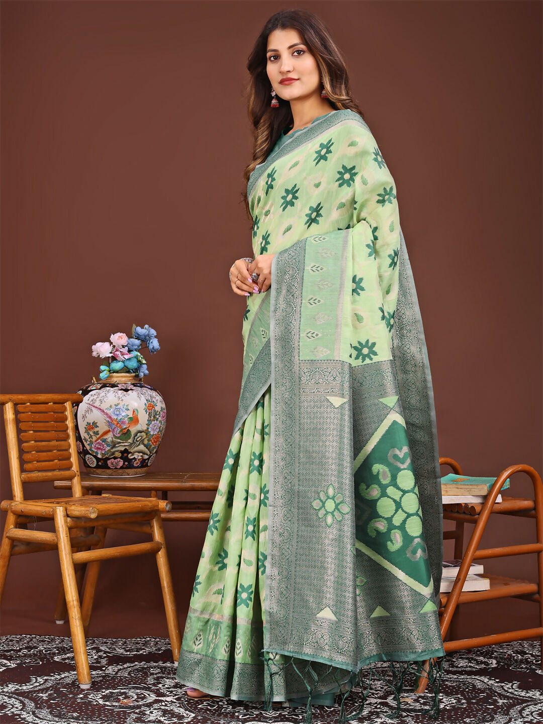 Shree Shyam Fashion Sajni Light Green Linen Cotton Saree | Grocsy