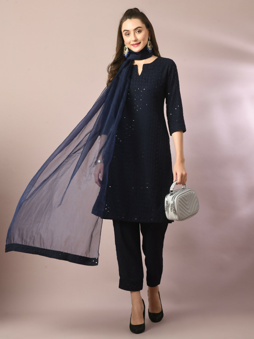 Myshka Women's Navy Blue Embroidered Cotton Straight Party Kurta Set With Dupatta | Grocsy