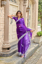 Vastranavya Purple-Blue Embroidery Work Shimmer Chiffon Saree with Unstitched Blouse | Grocsy