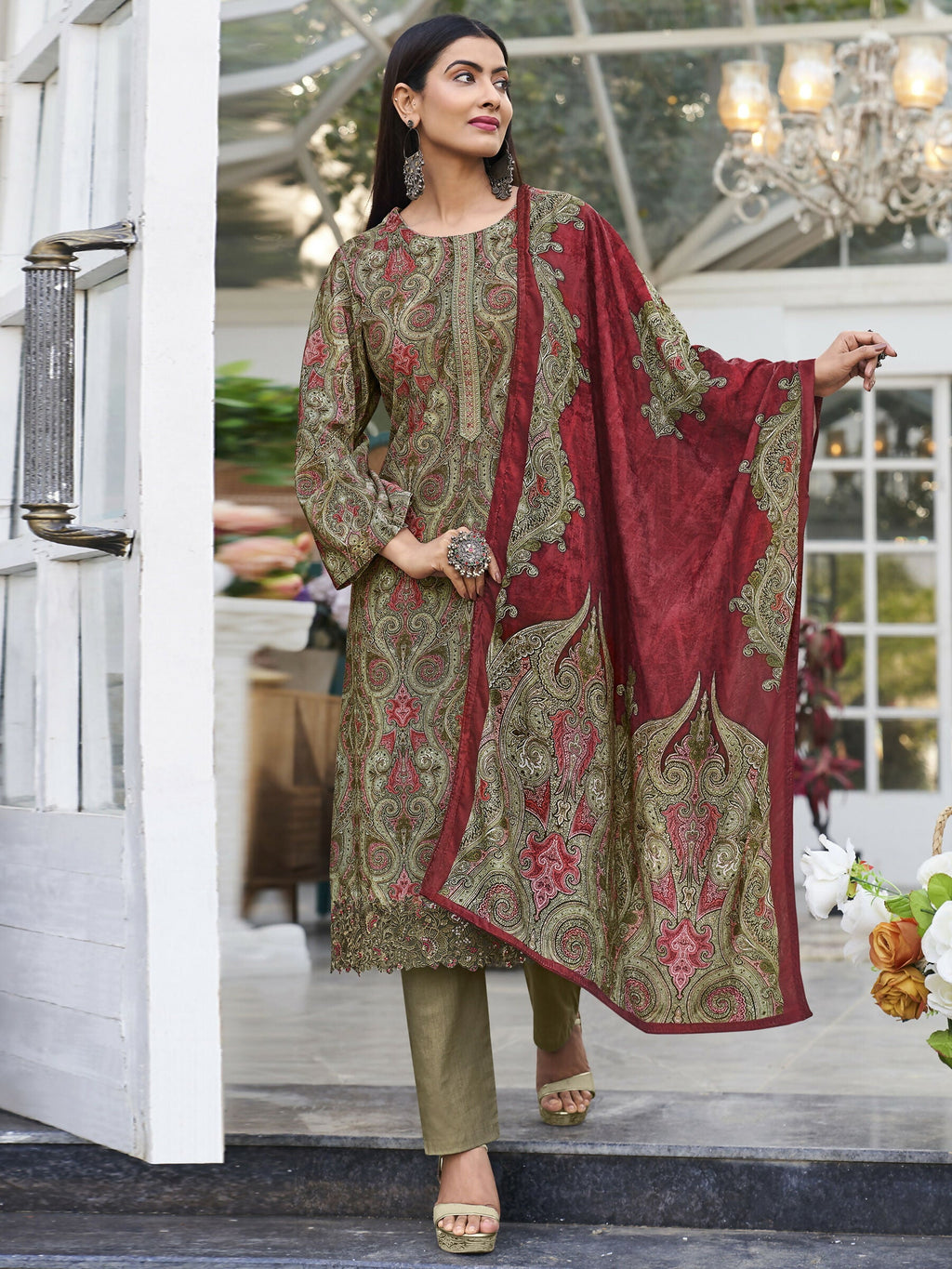 Jyoti Fashion Women's Green Velvet Digital Print with Resham Thread work Kurta with Trouser & Dupatta | Grocsy