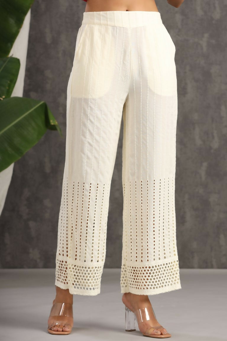 Juniper Ivory Rayon Schiffli Flared Palazzo | Grocsy