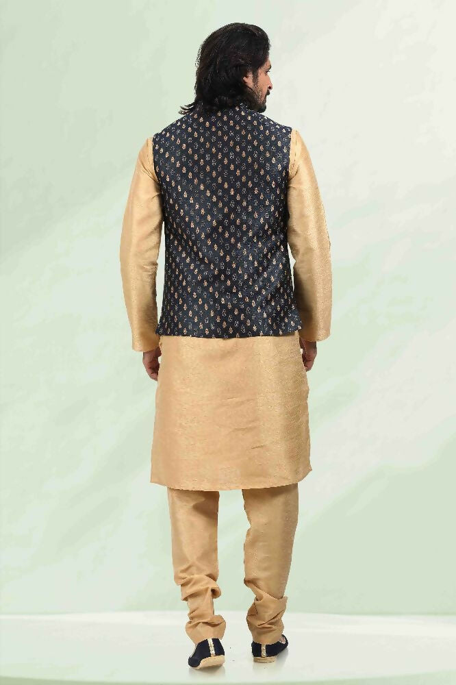 Raivat Ethnic Jacquard Banarasi Silk Woven Work 3 Pics Jacket Set In Blue Colour | Grocsy