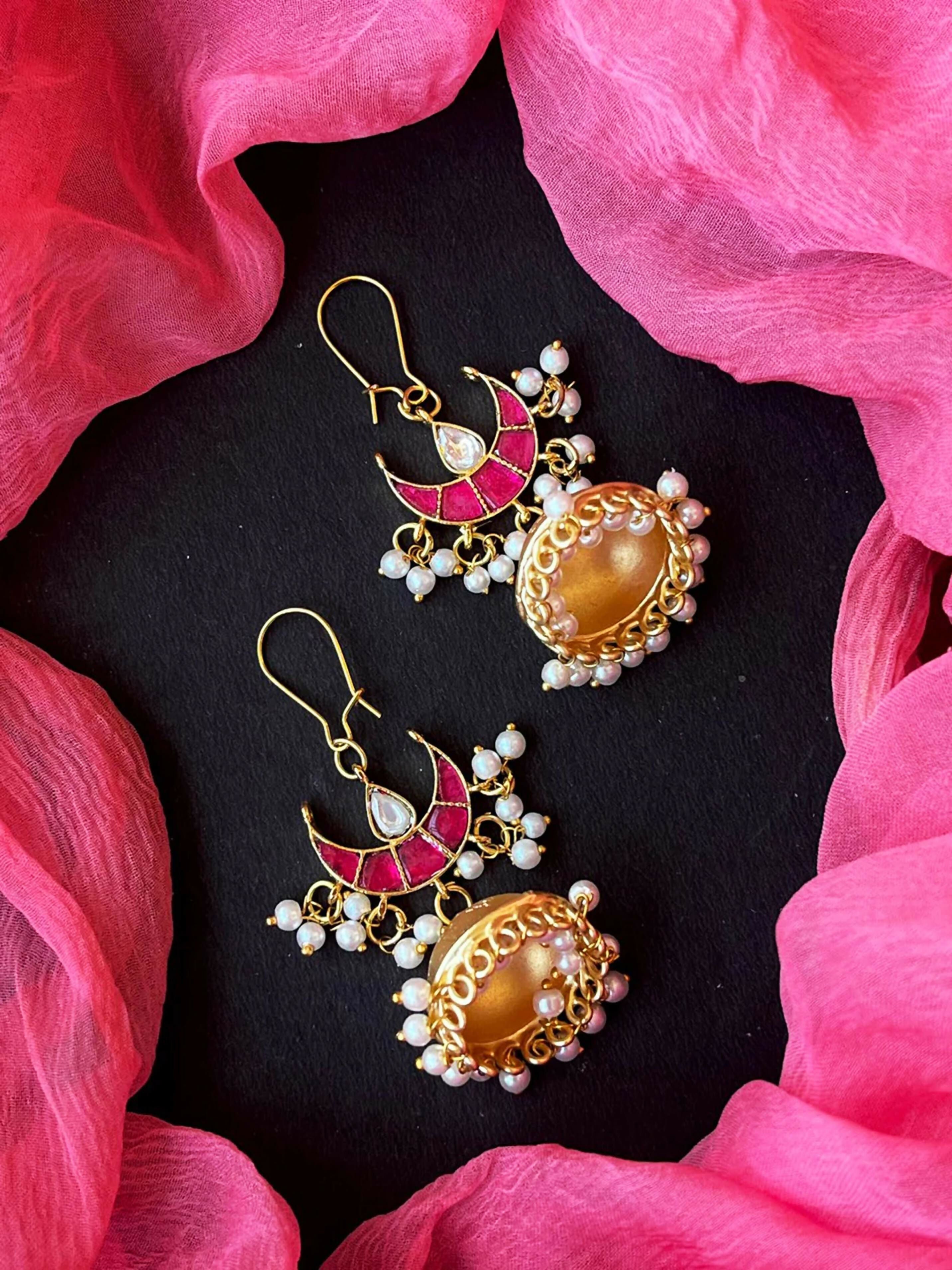 Joban Fashion Women Pink Pachi Kundan With Golden Jhumki Earring | Grocsy