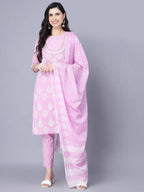 Myshka Cotton Printed 3/4 Sleeve Round Pink Women Kurta set | Grocsy