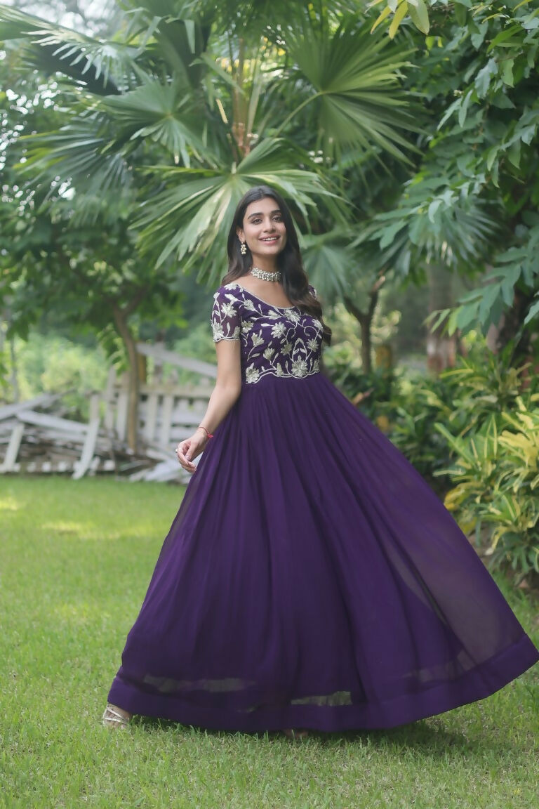 Jyoti Fashion Women's Purple Sequins Embroidered Faux Georgette Anarkali Dress | Grocsy