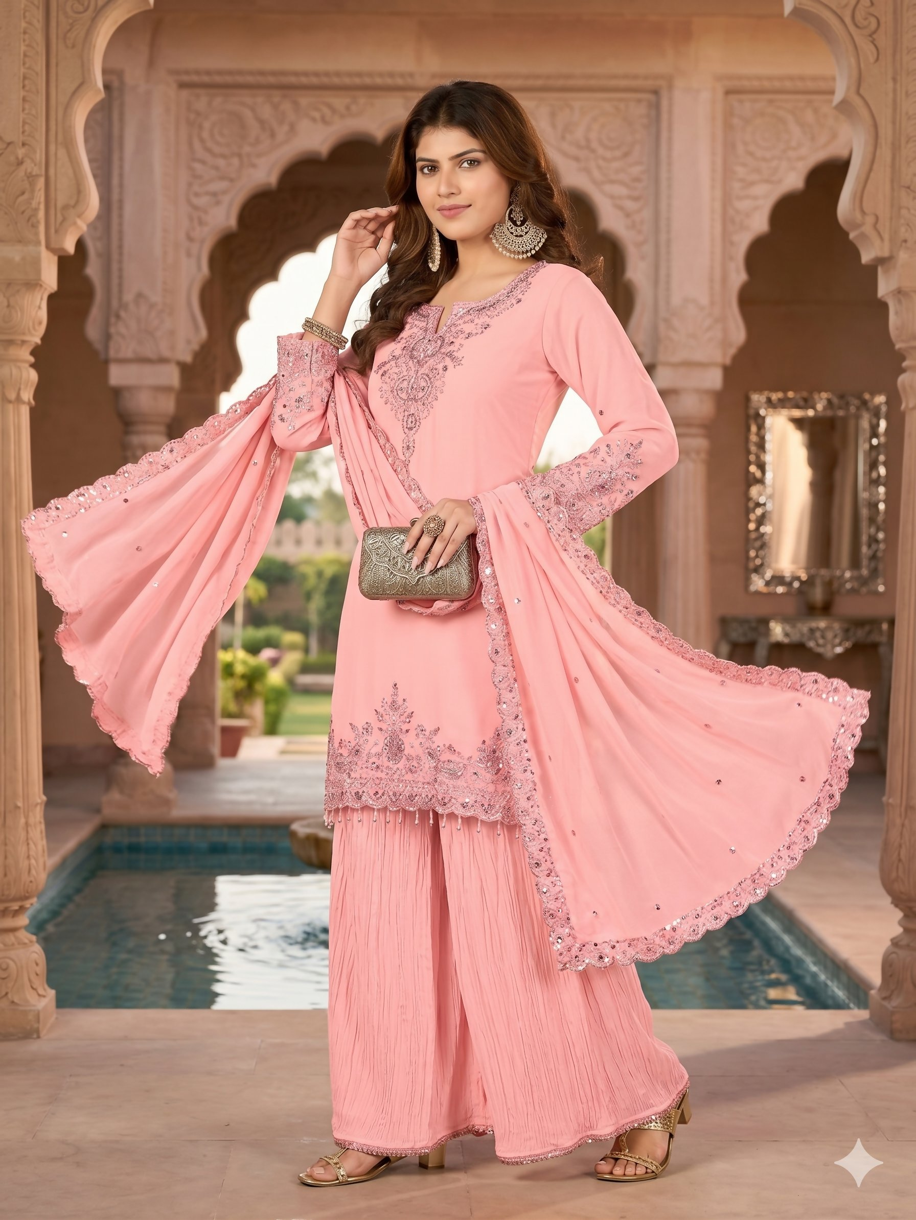 Teeya Creation Womens New Georgette Silk With Heavy Embroiedery With Sequence Work Pink Kurta Set | Grocsy