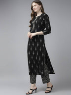 Yufta Women Black Ikat Printed Pure Cotton Kurta with Palazzo and Dupatta | Grocsy