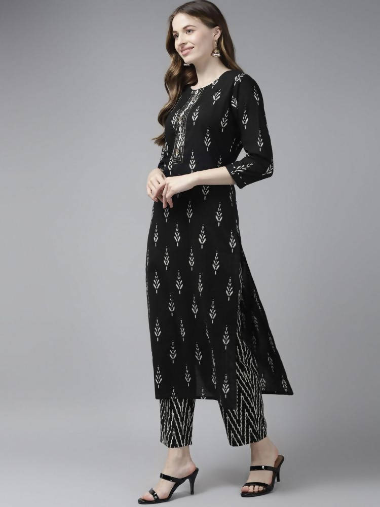 Yufta Women Black Ikat Printed Pure Cotton Kurta with Palazzo and Dupatta | Grocsy