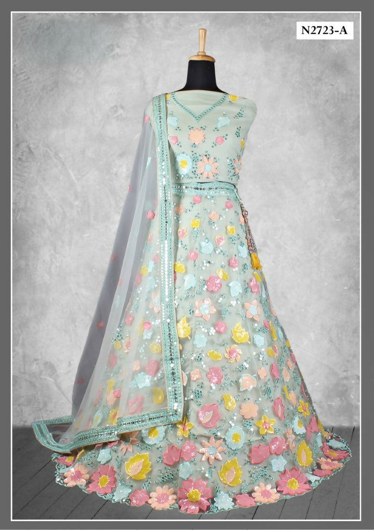 Green Net Thread With Sequence Work Lahenga Choli - Nimaya Ishani | Grocsy
