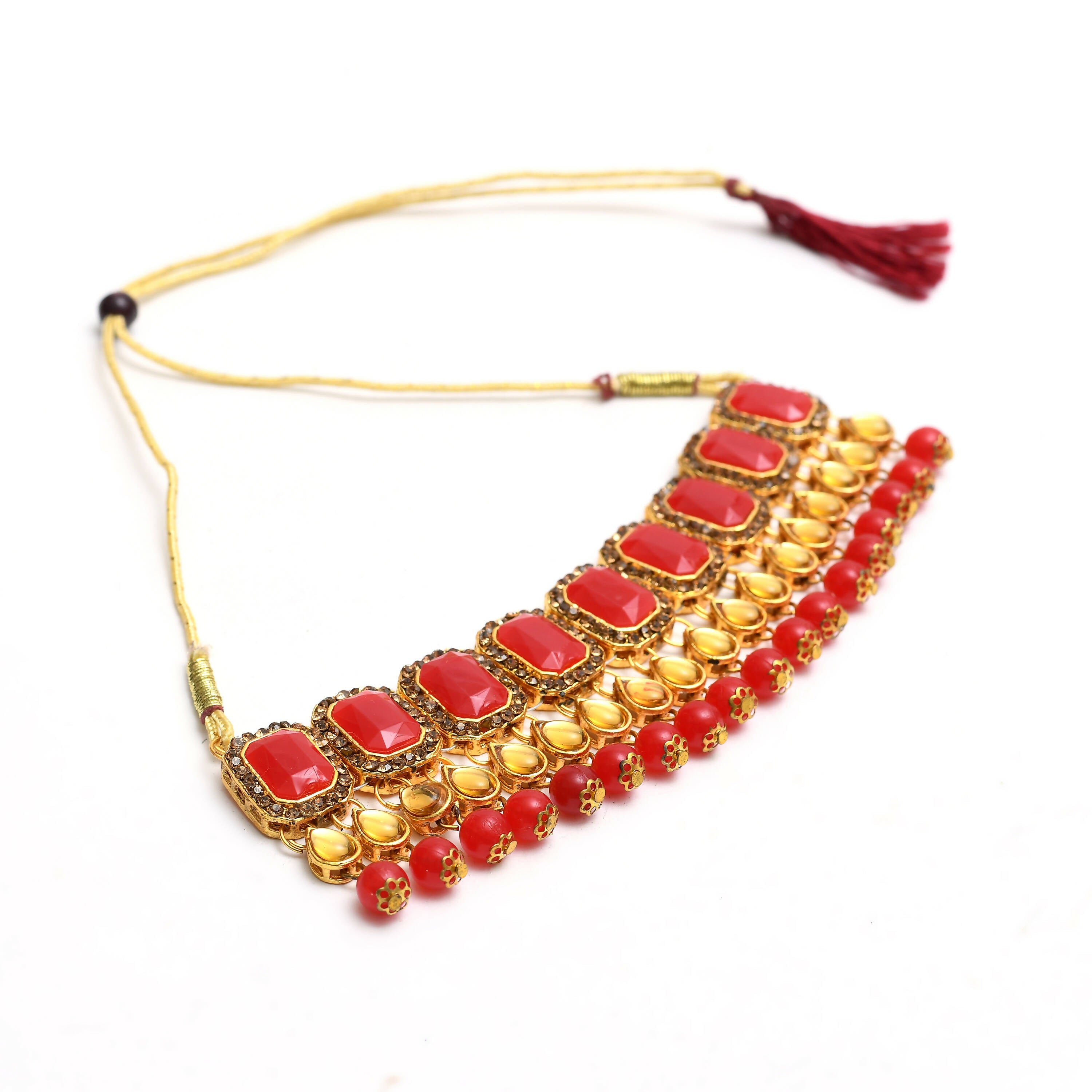 Mominos Fashion Johar Kamal Gold-Polished Brass Finish Kundan/Pearls Choker For Women (Red) | Grocsy
