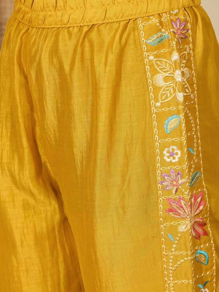 Joban Fashion Women Mustard Roman Silk Embroidered Stitched Kurta Set | Grocsy