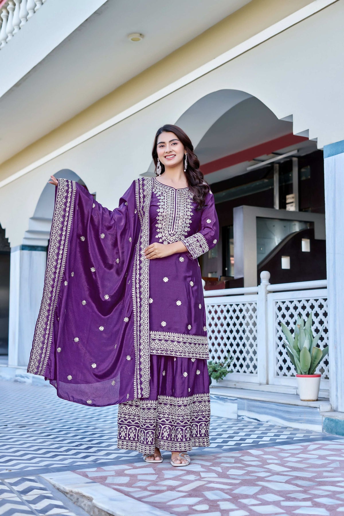Teeya Creation Wine Color Chinon Silk Heavy Embroidery Work Wedding Wear Sharara | Grocsy