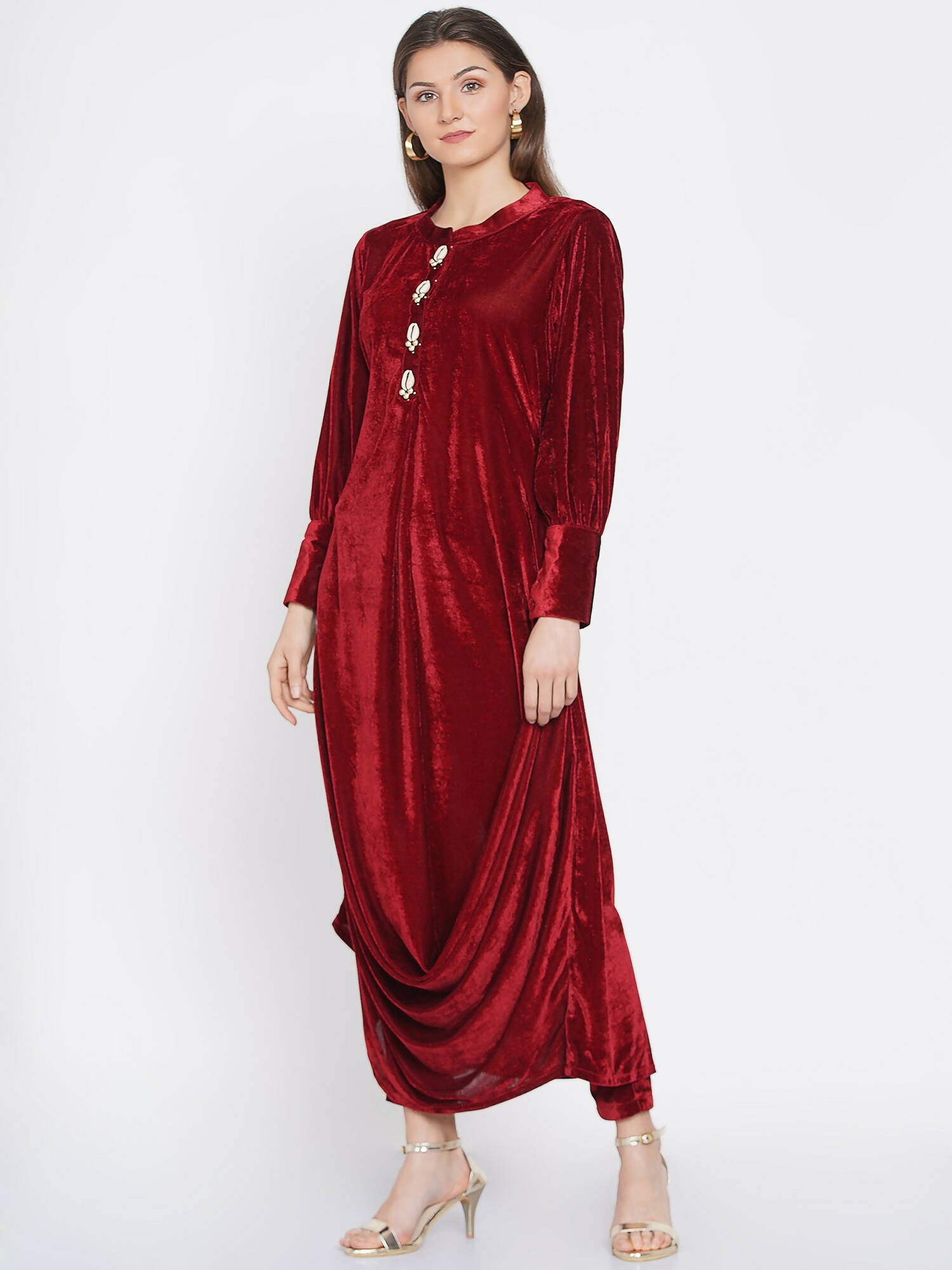 Women Republic Maroon Velvet Cowl Style Kurta With Pants | Grocsy