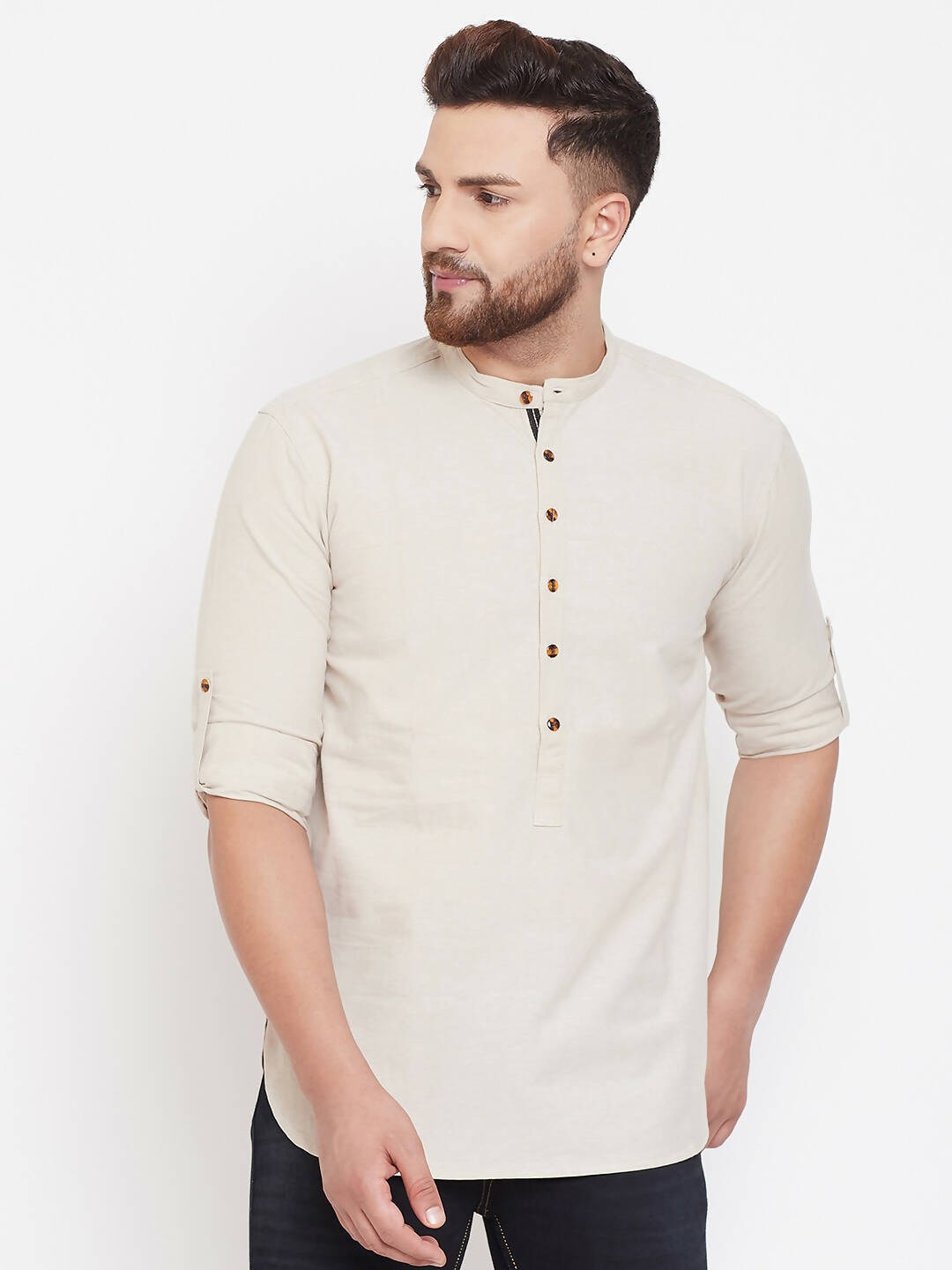 Even Apparels Beige Pure Cotton Men's Kurta With Band Collar | Grocsy