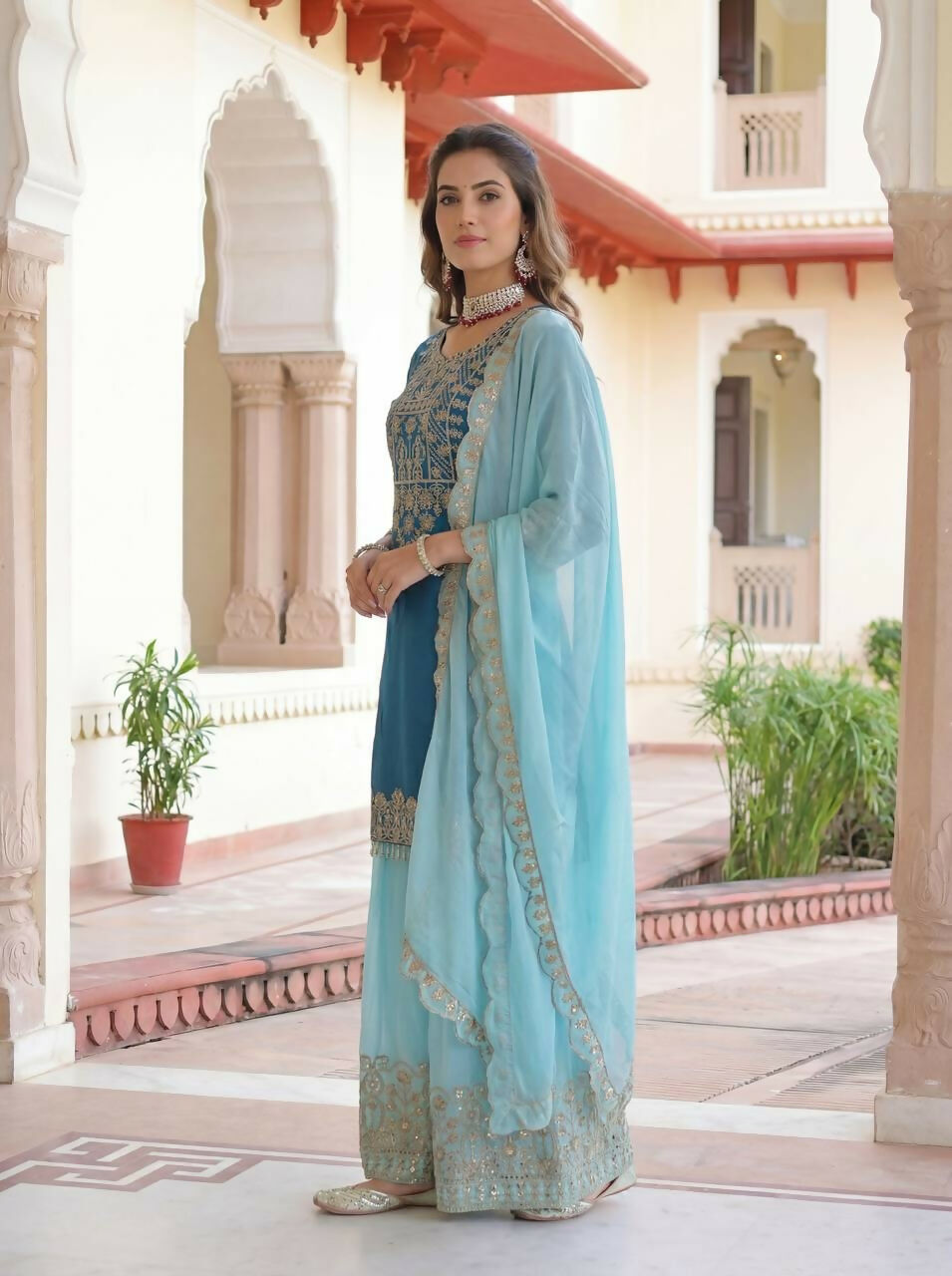 Joban Fashion Blue Silk Embroidered Sharara Set | Grocsy