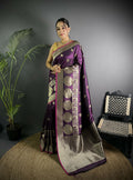 Joban Fashion Wine Banarasi Soft Lichi Silk Paisley Saree | Grocsy