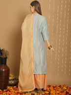 Jyoti Fashion Women's Turquoise Chanderi Silk Elegant Jardoshi Kurta with Trouser & Dupatta | Grocsy