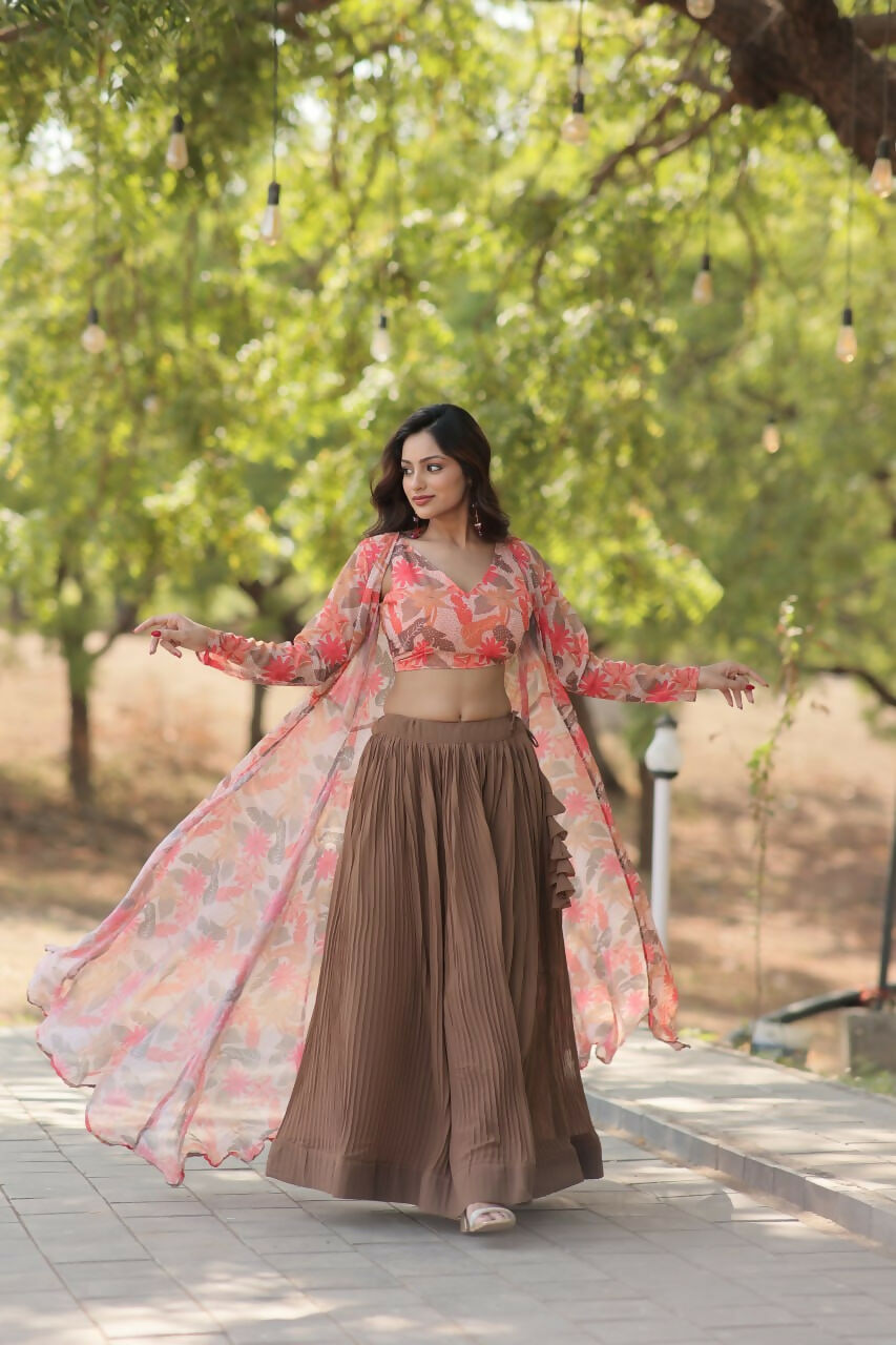 Vastranavya Latest Fancy Party Wear Lehenga Choli With Shrug - Peach | Grocsy