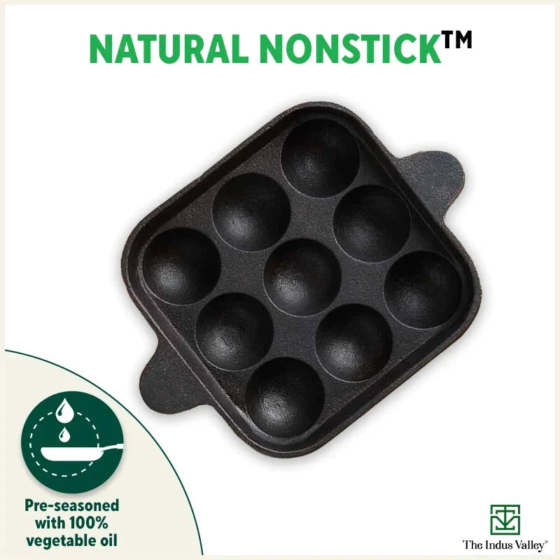 The Indus Valley 9 Pit/Cup CASTrong Cast Iron Paniyaram/Appe Pan+ Spatula, Pre-seasoned, Natural Nonstick, 100% Pure, Toxin-free, 18.2 cm, 1.34 kg | Grocsy