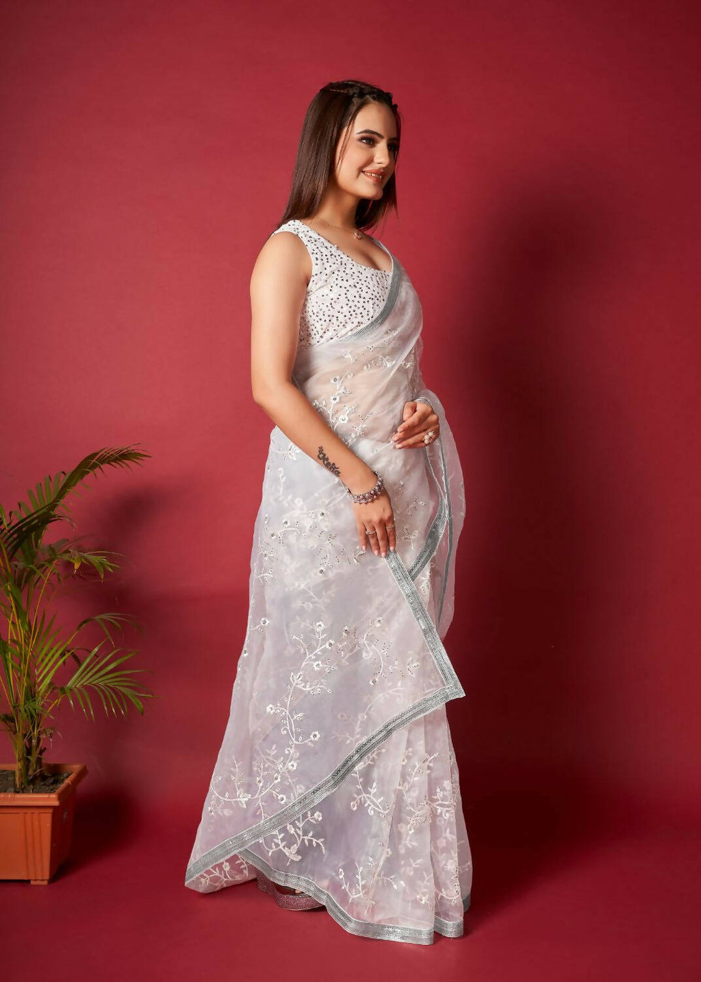 Vamsee White Organza Saree | Grocsy