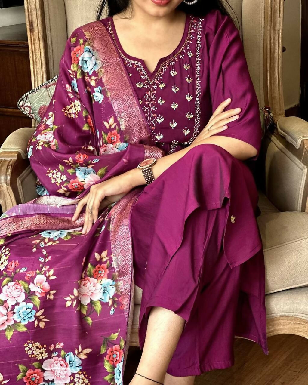 The52 Wine Women's Gorgeous Embroidered Rayon Fabric Straight Kurta Pant with Dupatta Set | Grocsy