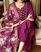 The52 Wine Women's Gorgeous Embroidered Rayon Fabric Straight Kurta Pant with Dupatta Set | Grocsy