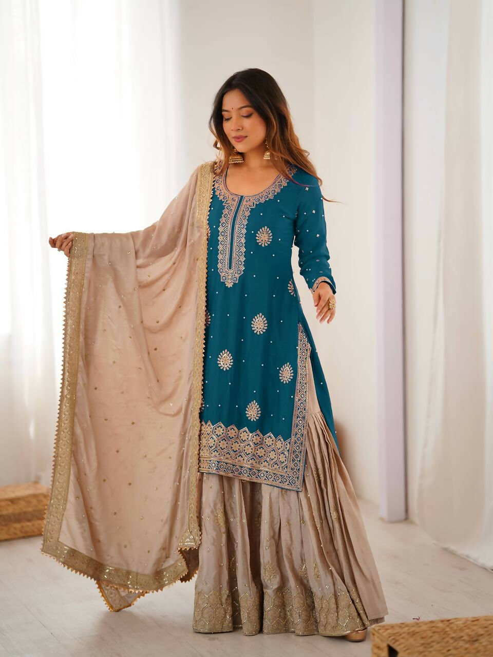 Lehenga Mart Designer Sharara Suit With Kurta, Sharara, Dupatta For Women-Teal Blue | Grocsy
