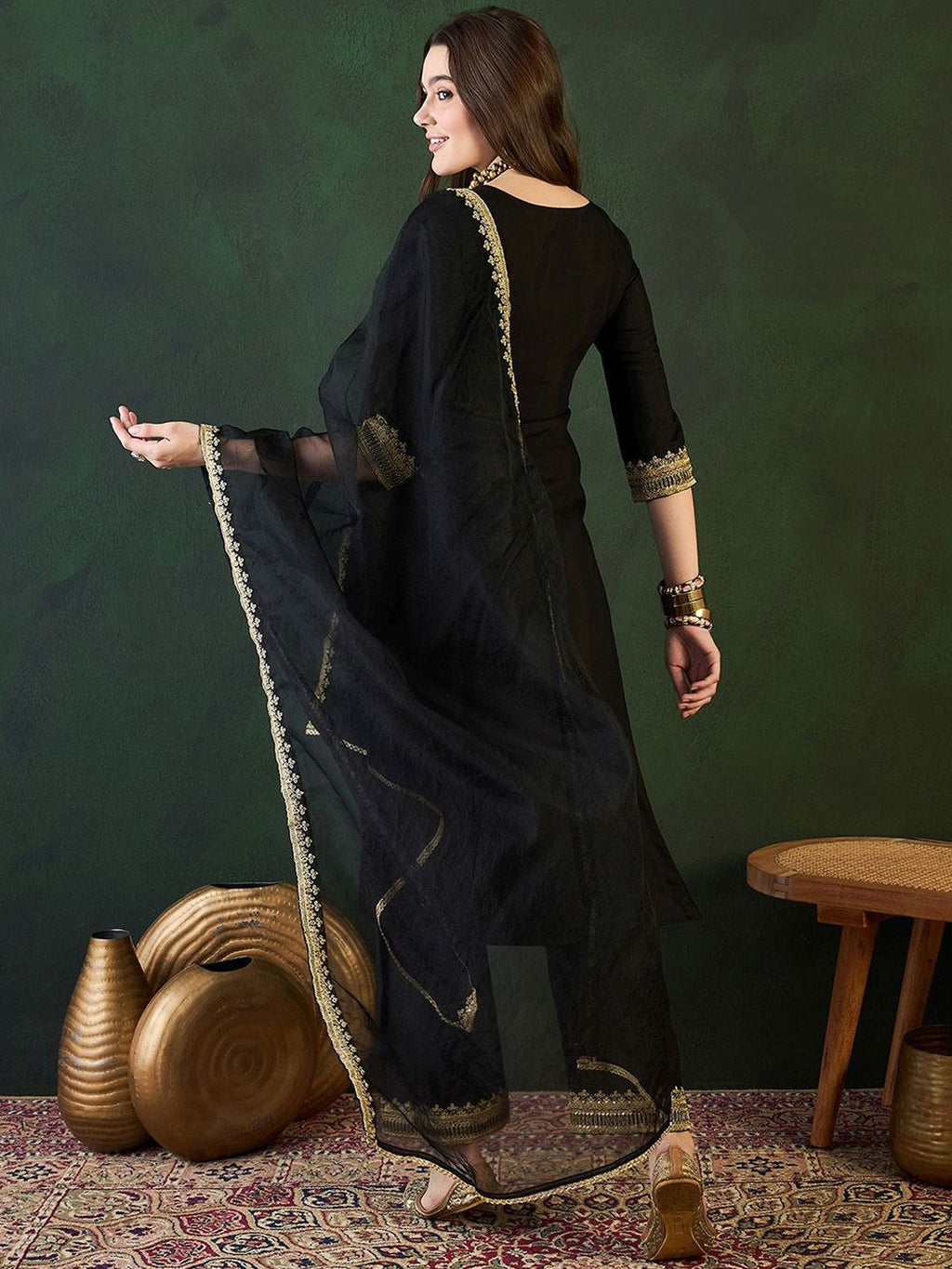 Sangria Zari Sequence Embroidered Straight Kurta & Trousers With Dupatta | Grocsy