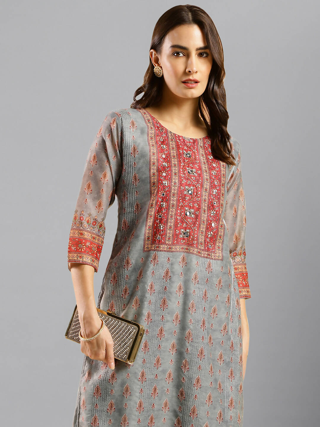 Grey Chinon Digital Printed With Hand Work Kurta - Himanshi | Grocsy