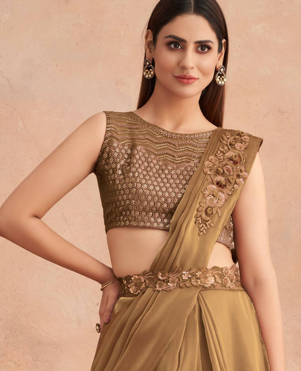 Beige Satin Embroidered Ready To Wear Saree With Unstitched Blouse Piece - Nandika | Grocsy
