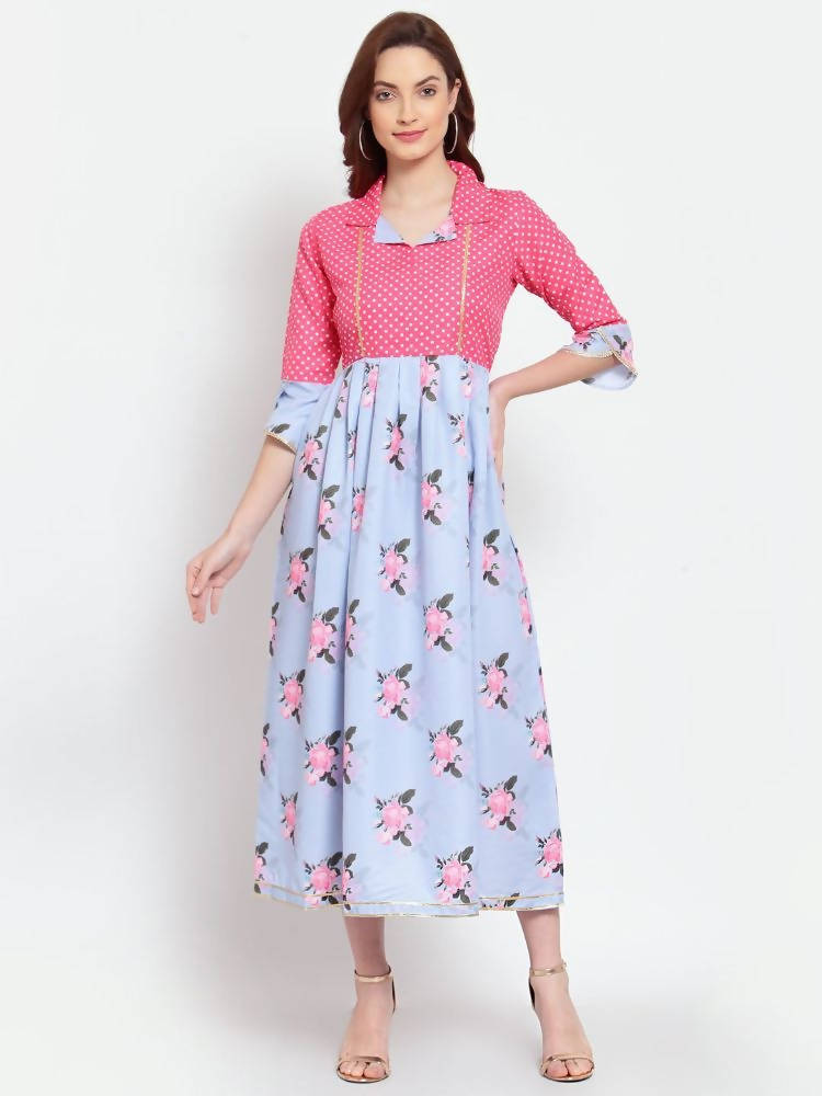 Myshka Women's Multi Printed Cotton Blend 3/4 Sleeve Shirt Coller Casual Dress | Grocsy