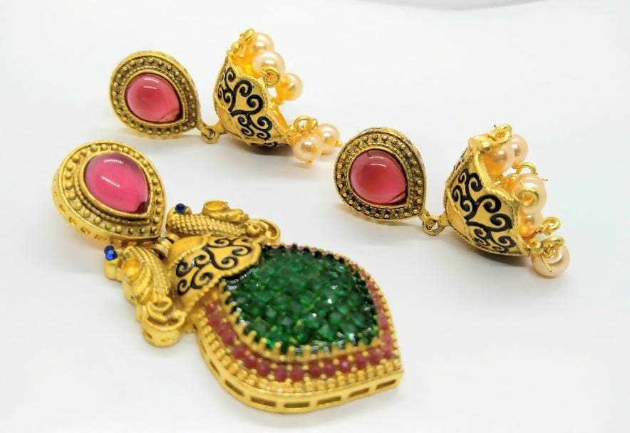Multicolor Matt Finish Peacock Pendant Set | Grocsy
