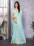 Vastranavya Sky Blue Embroidery Work Shimmer Chiffon Saree with Unstitched Blouse | Grocsy