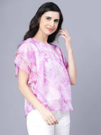 Myshka Organza Printed Short Sleeve Round Pink Women Top | Grocsy