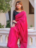 Zibaa Hand-Dyed Mul Cotton Pink Saree with Tassels | Grocsy