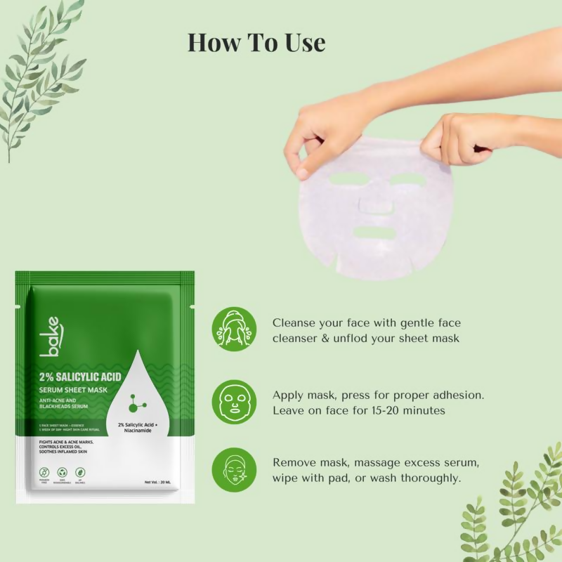 Bake 2% Salicylic Acid Sheet Mask For Black Heads, Oily And Acne Prone Skin | Grocsy