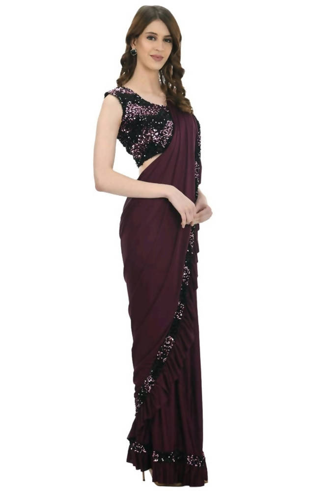 Mominos Fashion All Season Wear Wine And Black Colour Ruffled Ready To Wear Saree | Grocsy