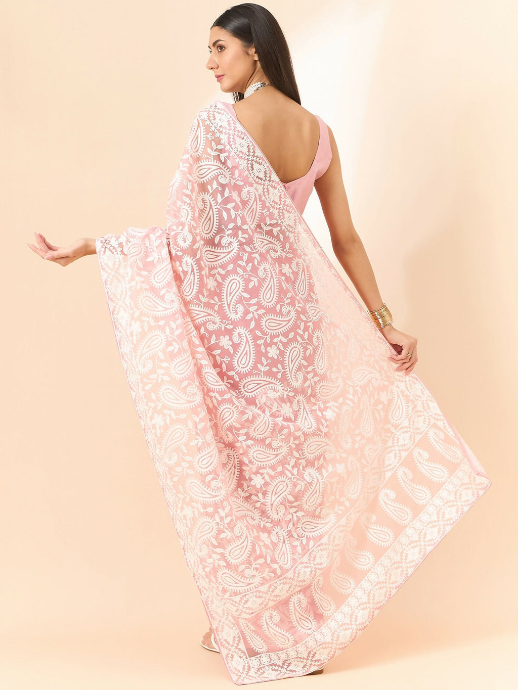 Pink Organza Paisely Embroidered Saree with Unstitched Blouse Piece - Roozal | Grocsy