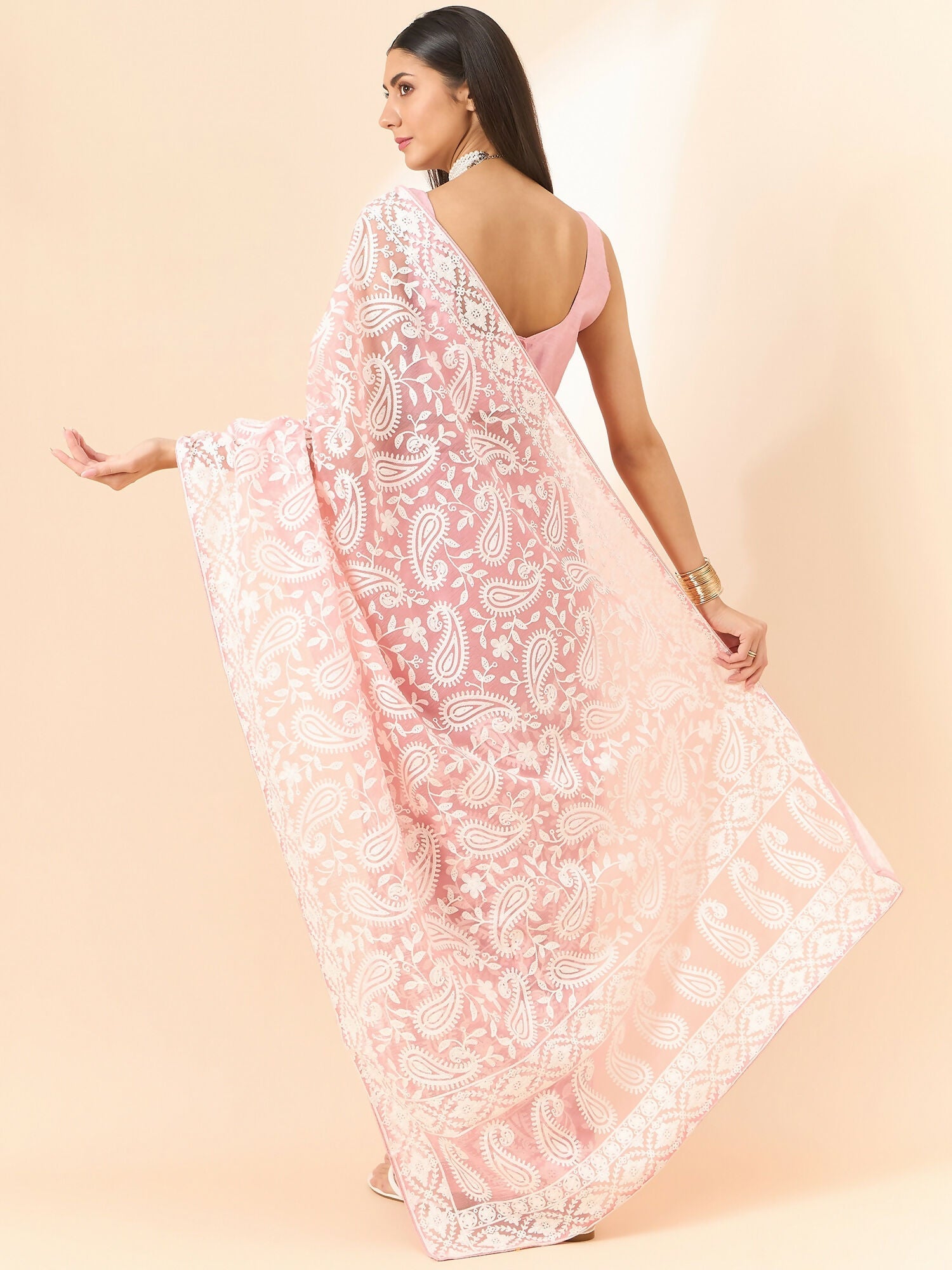 Pink Organza Paisely Embroidered Saree with Unstitched Blouse Piece - Roozal | Grocsy