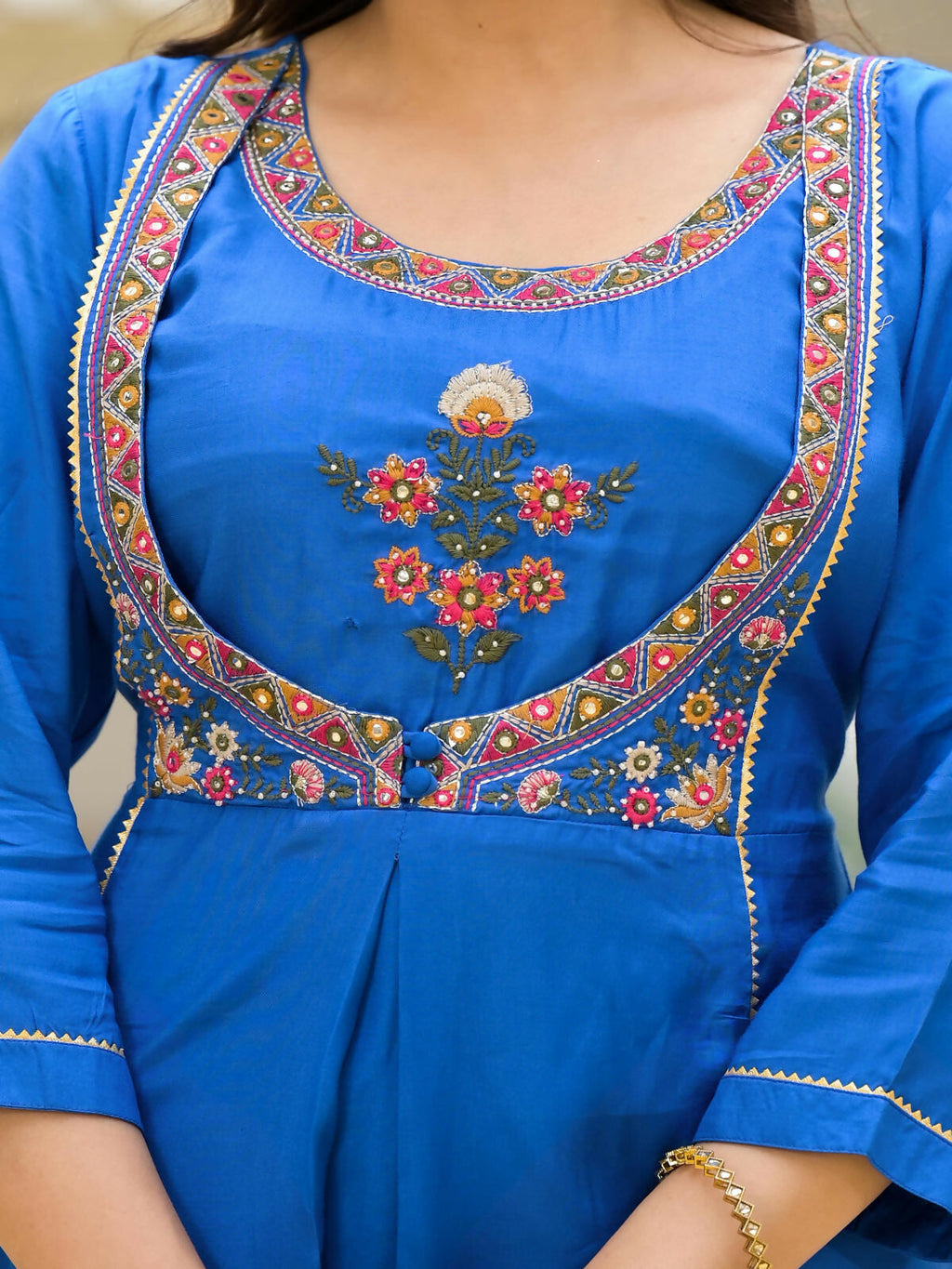 Juniper Women's Blue Solid Viscose Kurta Pant With Dupatta Set With Thread & Mirror Work | Grocsy